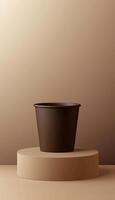 Empty deep chocolate paper cup container drink on stage brown background photo