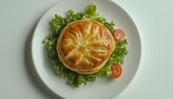 Puff pastry baked delicious fresh food with lettuce and tomato on white pate flat lay view photo