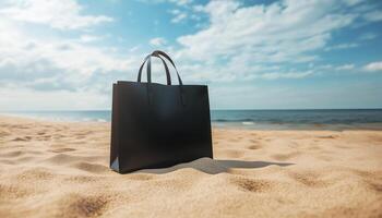 Black reusable shopping bag mockup on beach sand with ocean and blue sky background photo