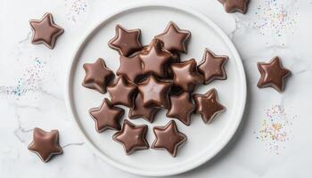 Star shape brown chocolate sweet snack for tea time on white plate flat lay view photo