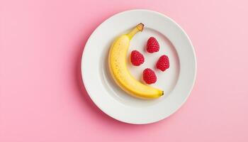 Fresh banana slice and raspberry organic fruit on white plate in pink background photo