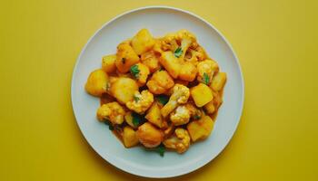 Cauliflower potato curry frying with turmeric and coriander seasoning for kcooking photo
