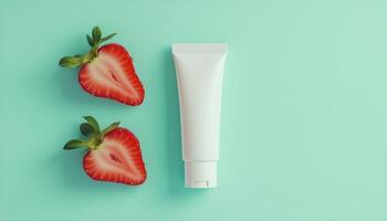 Fresh strawberry fruit extract on tube cream mockup container blue background photo