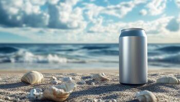 Silver soda can on beach with shell, blue sky and ocean water copy space blurred background photo