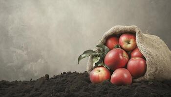 Apple fruit in sack bag linen container in soil gardening area photo