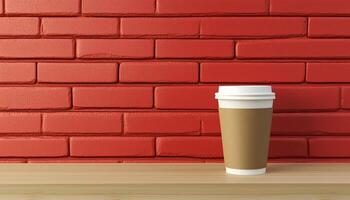 Delivery drink paper cup container brown cover on table display and red brick wall background photo