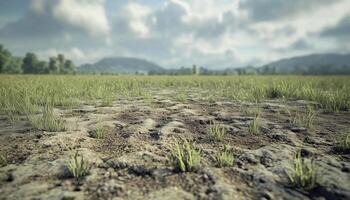 Barren field with patch dried grass with sky photo