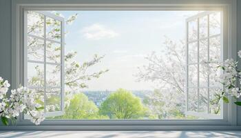 Spring view white flower fresh sky from glass window home interior decoration photo