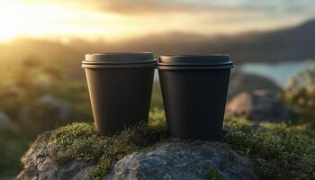 Two black paper cups for relaxing drink on stone mountain adventure trip mockup photo
