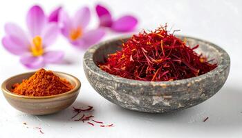 Saffron Threads and Powder with Flowers photo