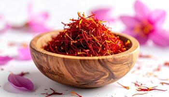 Saffron Threads in Wood Bowl with Pink Flowers photo