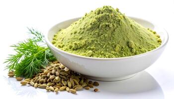 Dill Powder in Bowl with Seed and Dill Sprig photo