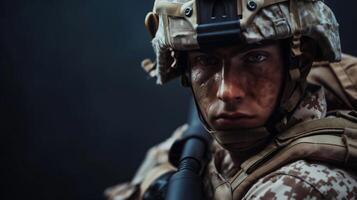 Close up Detail portrait of Marine Army Soldier ready to battle photo