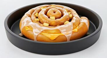 Soft Apple Cinnamon Roll with Cream Cheese Icing in a Black Dish Against White Background photo