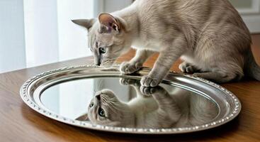 A cat looking at its reflection in a mirror photo