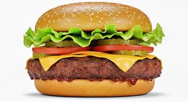 A hamburger with cheese, lettuce and pickles photo