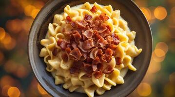 A plate of macaroni and cheese with bacon photo