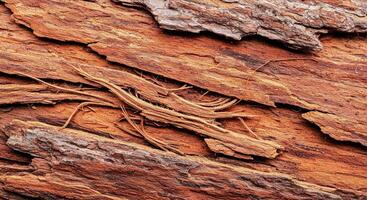 Rustic Cedar Bark Background with Frayed Fibers and Warm Reddish Brown Tones photo