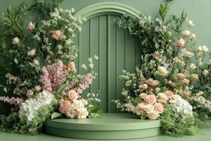 flowers and greenery in a green archway photo