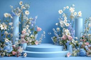blue stage with flowers and candles photo