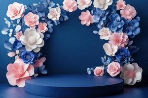 stage with flowers and a blue wall photo