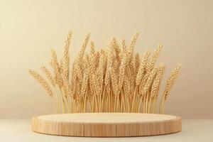 a wooden table with wheat on it photo