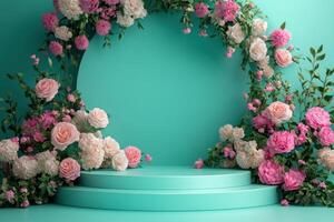 a stage with flowers and a circle of pink roses photo