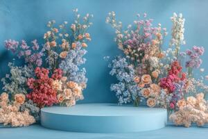 a stage with flowers and a pedestal on a blue background photo
