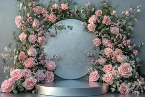 a round mirror with pink roses and green leaves photo