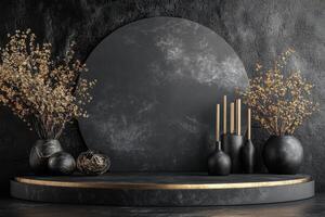 black and gold vases on a black background photo