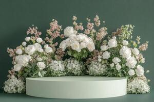 white flowers on a pedestal in front of a green wall photo