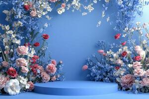 a stage with flowers and plants in front of a blue wall photo