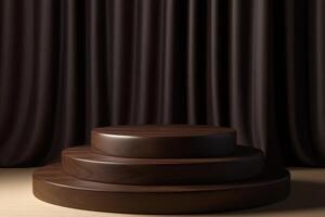 a wooden podium with a curtain in front of it photo