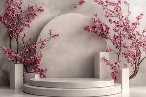 a stage with flowers and a white wall photo