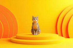 a cat sitting on a platform in front of a yellow background photo
