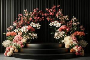 a black stage with flowers and a black wall photo