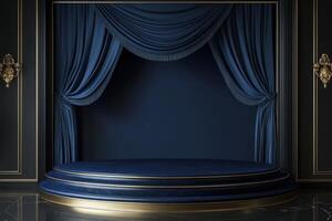 a stage with blue curtains and gold trim photo