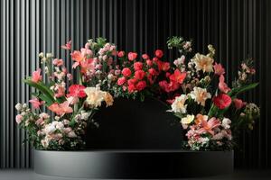 a flower arrangement on a black stage photo