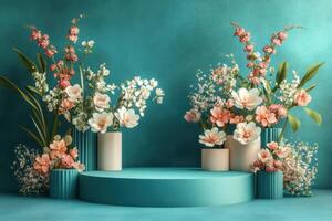flowers in vases on stage with blue wall photo