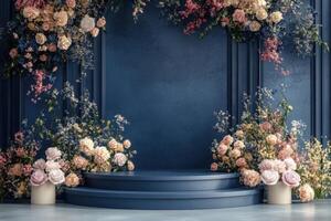 a stage flowers and a blue wall photo
