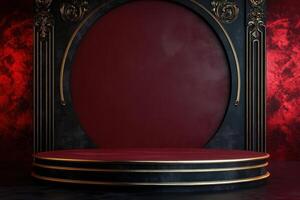 an empty stage with a red background and a gold frame photo