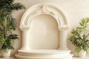 an archway with a white wall and potted plants photo