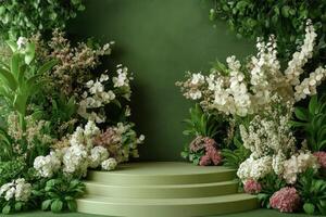 a green stage with flowers and plants photo