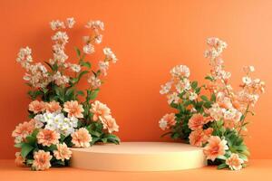 flowers on pedestal on orange background photo