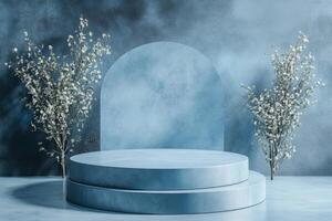 a blue stage with a white flower in the middle photo