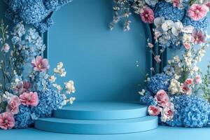 blue flower stage with flowers and blue wall photo