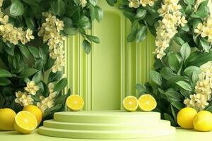 lemon and flowers on a green background photo