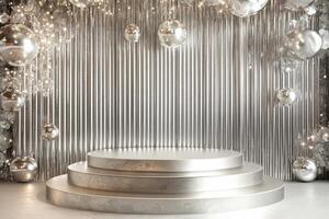 a stage with silver balloons and a podium photo
