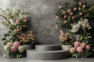 a stage with flowers and plants in front of a wall photo
