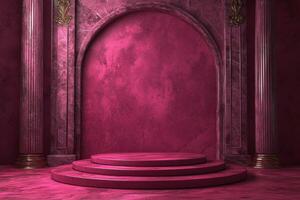 an empty room with pink walls and columns photo